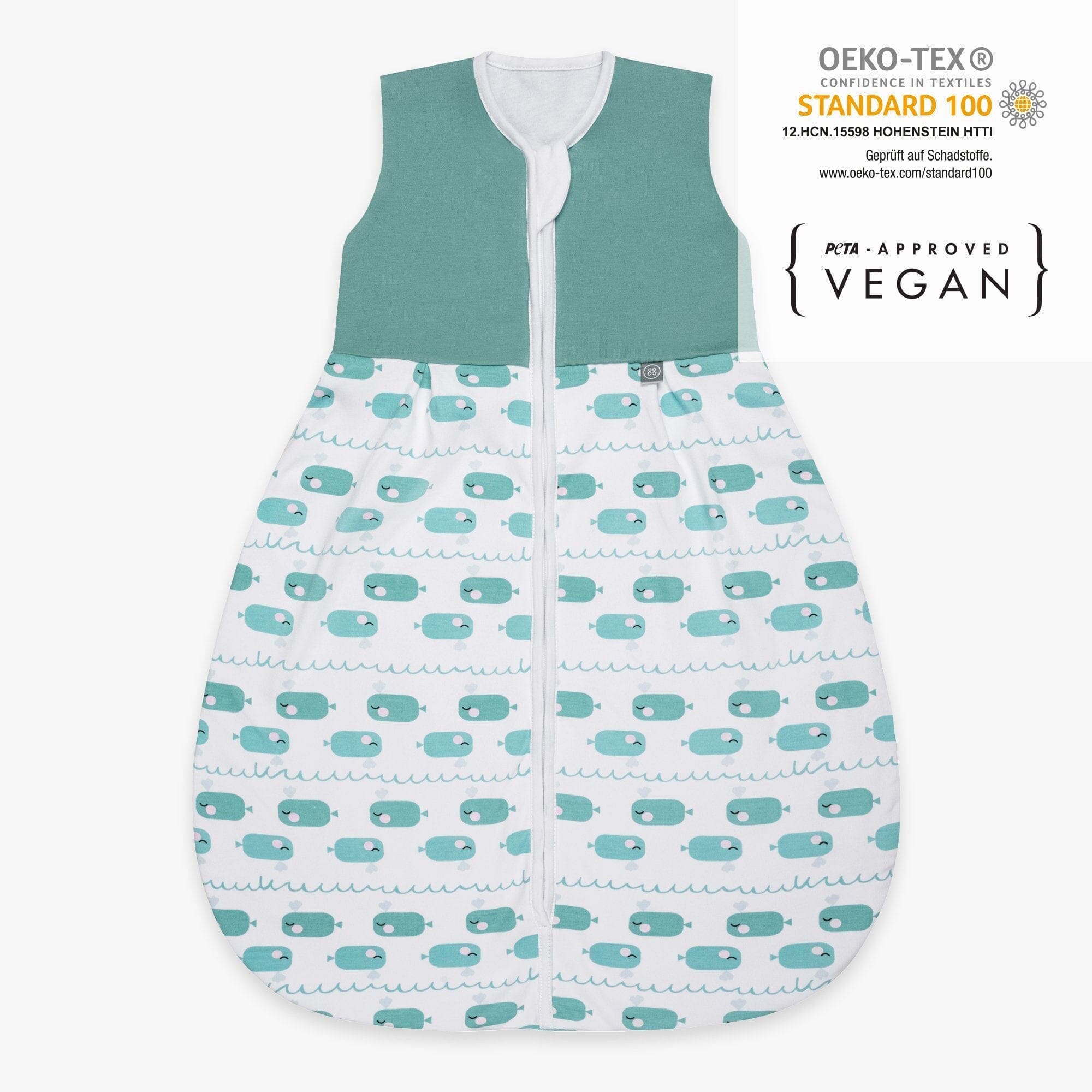 Baby Schlafsack 1.0 TOG Blauer Wal von vorne Zertifikate