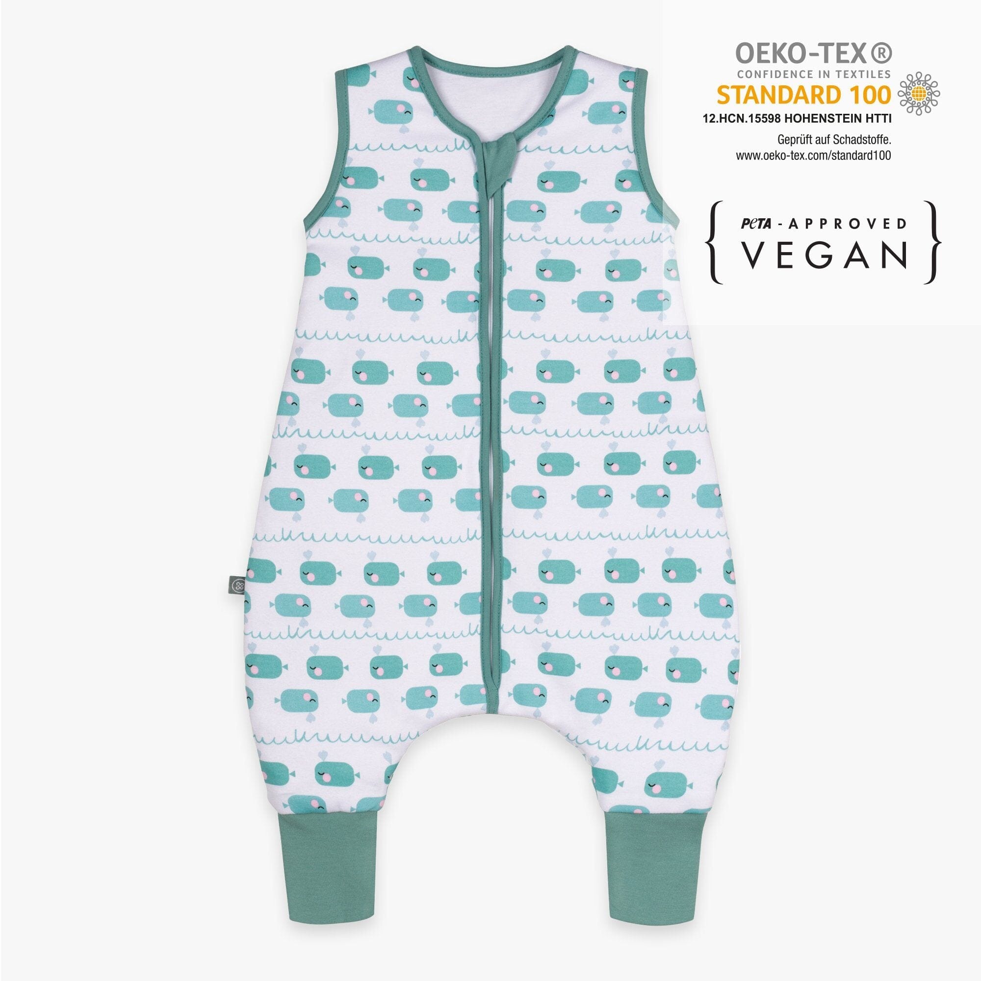 Schlafsack mit Füßen 2.5 TOG Blauer Wal von vorne Zertifikate