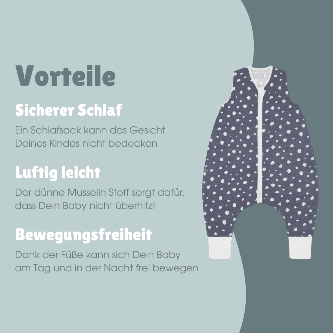 Musselin Schlafsack mit Füßen 0.5 TOG | Punkte Blau