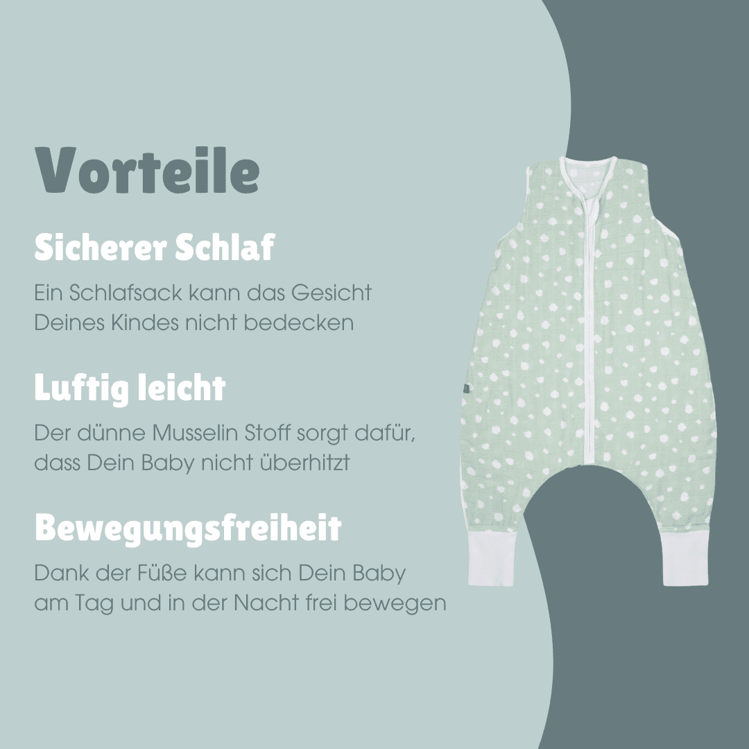 Musselin Schlafsack mit Füssen 0.5 TOG | Punkte Mint